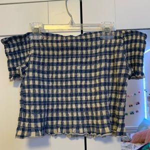 blue/white checkered off the shoulder shirred top